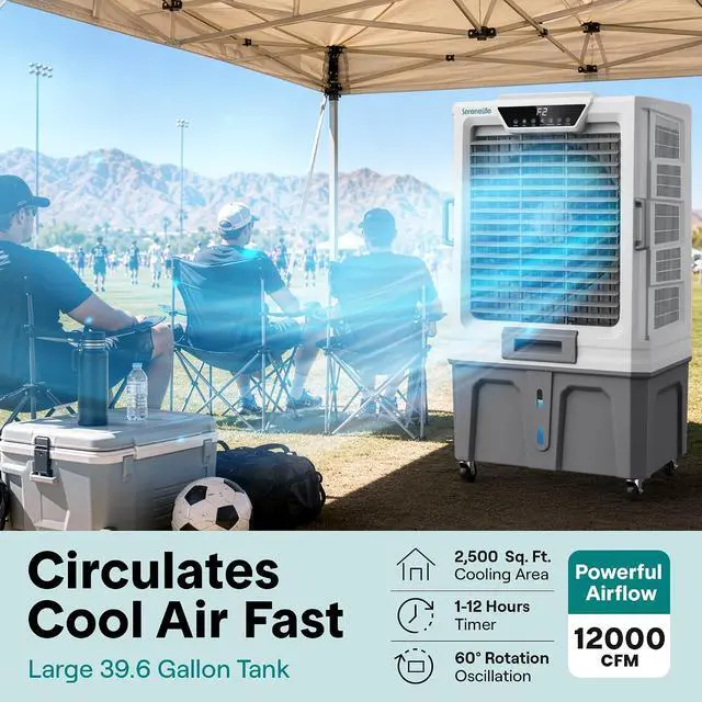 Alt view image 2 of 7 - SereneLife Portable Swamp Cooler with 12000 CFM Power - Industrial Evaporative Air Cooler for Large Indoor & Outdoor Spaces, 150 L Tank, 60° Oscillation, 12-Hour Timer, Wi-Fi & Remote Control