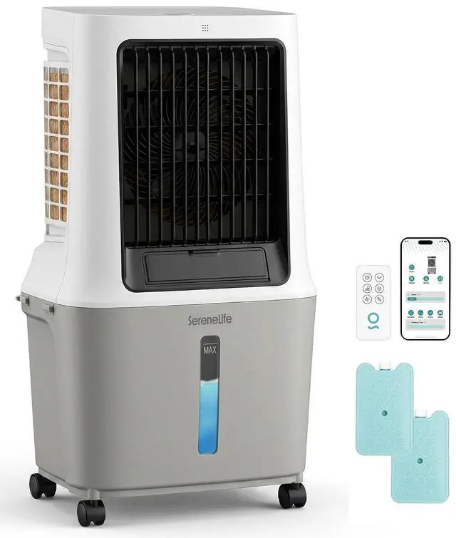 Main image of SereneLife Portable Swamp Cooler Air Conditioner - 2500 CFM Airflow, 8 Gallon Water Tank Portable Evaporative Air Cooler for Room & Outdoors, WiFi, Humidifier & Fan Modes, Ice Packs & Remote Included