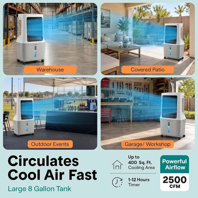 Alt view image 2 of 7 - SereneLife Portable Swamp Cooler Air Conditioner - 2500 CFM Airflow, 8 Gallon Water Tank Portable Evaporative Air Cooler for Room & Outdoors, WiFi, Humidifier & Fan Modes, Ice Packs & Remote Included
