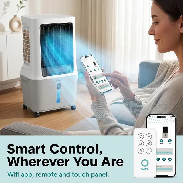 Alt view image 4 of 7 - SereneLife Portable Swamp Cooler Air Conditioner - 2500 CFM Airflow, 8 Gallon Water Tank Portable Evaporative Air Cooler for Room & Outdoors, WiFi, Humidifier & Fan Modes, Ice Packs & Remote Included