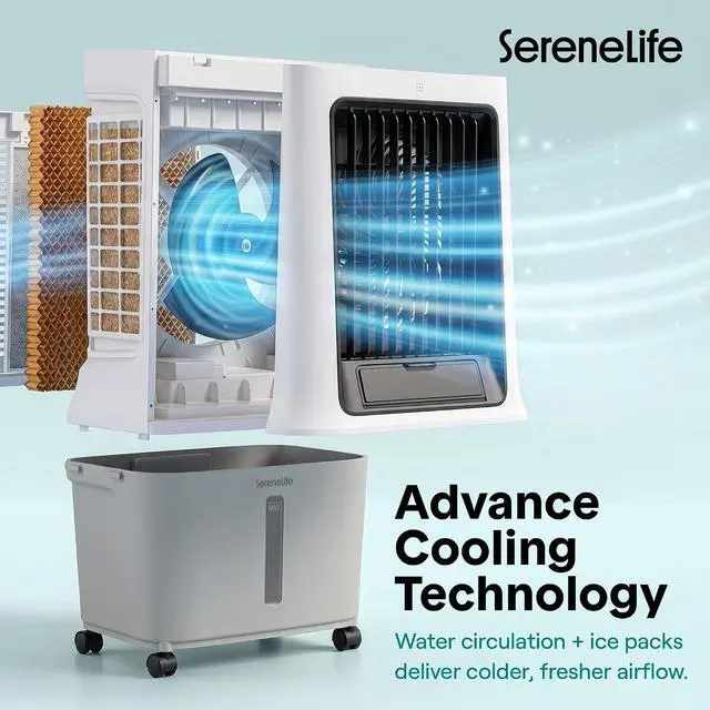 Alt view image 5 of 7 - SereneLife Portable Swamp Cooler Air Conditioner - 2500 CFM Airflow, 8 Gallon Water Tank Portable Evaporative Air Cooler for Room & Outdoors, WiFi, Humidifier & Fan Modes, Ice Packs & Remote Included