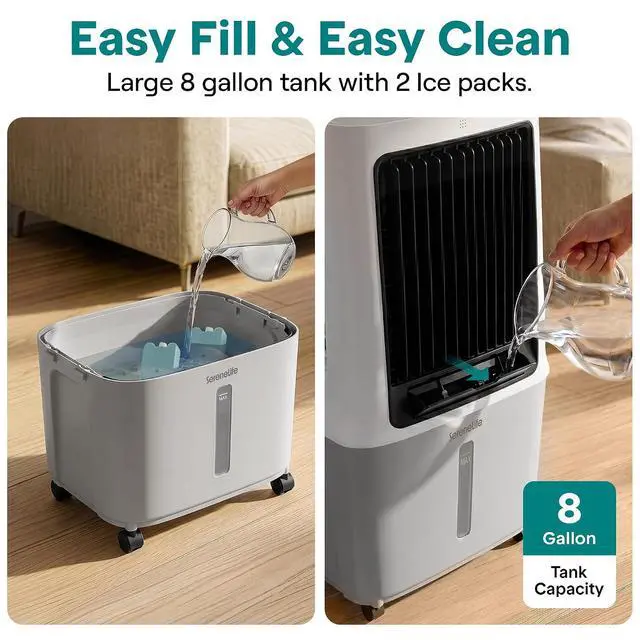 Alt view image 6 of 7 - SereneLife Portable Swamp Cooler Air Conditioner - 2500 CFM Airflow, 8 Gallon Water Tank Portable Evaporative Air Cooler for Room & Outdoors, WiFi, Humidifier & Fan Modes, Ice Packs & Remote Included