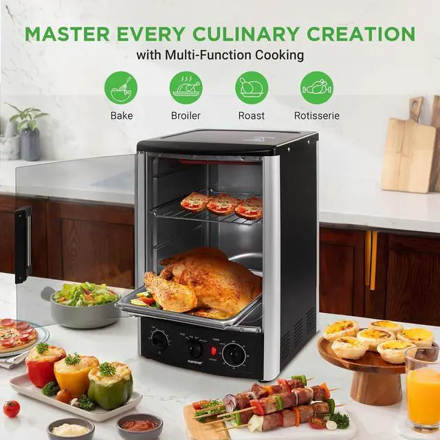 Alt view image 4 of 7 - Nutrichef Vertical Countertop Oven with Rotisserie, Bake, Broil, & Kebab Rack Functions - Adjustable Settings - 2 Shelves - 1500W - Thanksgiving Turkey - Includes Grill, Kebab skewer racks & bake pan