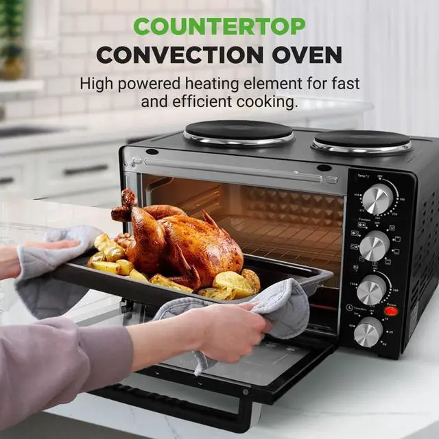 Alt view image 2 of 7 - NutriChef 30 Quart Kitchen Convection Oven & 2 Burner Cooker - 1500 Watt Oven - 7 Cook Functions Rotisserie, Cook, Bake, Broil & More - Includes Baking Tray, Skewers & Handles - 19.6 x 16.0 x 13.5 IN