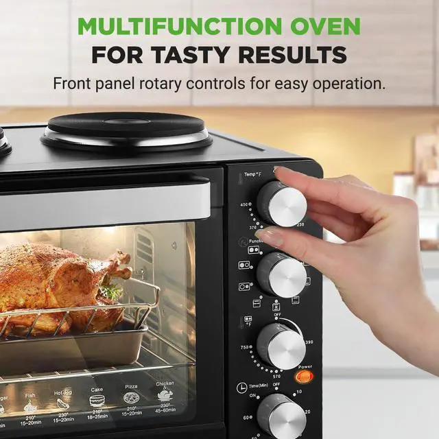Alt view image 3 of 7 - NutriChef 30 Quart Kitchen Convection Oven & 2 Burner Cooker - 1500 Watt Oven - 7 Cook Functions Rotisserie, Cook, Bake, Broil & More - Includes Baking Tray, Skewers & Handles - 19.6 x 16.0 x 13.5 IN