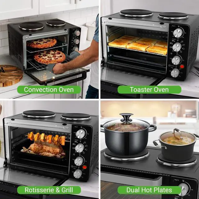 Alt view image 4 of 7 - NutriChef 30 Quart Kitchen Convection Oven & 2 Burner Cooker - 1500 Watt Oven - 7 Cook Functions Rotisserie, Cook, Bake, Broil & More - Includes Baking Tray, Skewers & Handles - 19.6 x 16.0 x 13.5 IN