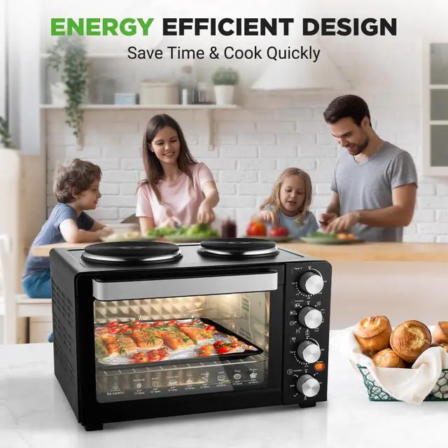 Alt view image 6 of 7 - NutriChef 30 Quart Kitchen Convection Oven & 2 Burner Cooker - 1500 Watt Oven - 7 Cook Functions Rotisserie, Cook, Bake, Broil & More - Includes Baking Tray, Skewers & Handles - 19.6 x 16.0 x 13.5 IN