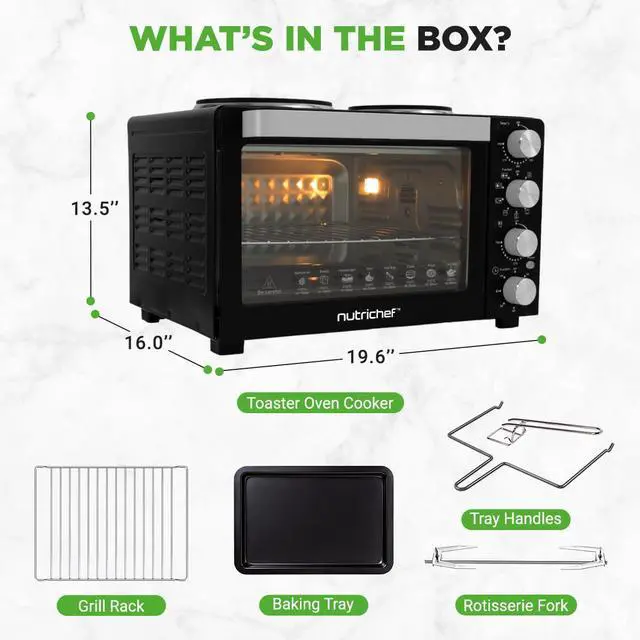 Alt view image 7 of 7 - NutriChef 30 Quart Kitchen Convection Oven & 2 Burner Cooker - 1500 Watt Oven - 7 Cook Functions Rotisserie, Cook, Bake, Broil & More - Includes Baking Tray, Skewers & Handles - 19.6 x 16.0 x 13.5 IN