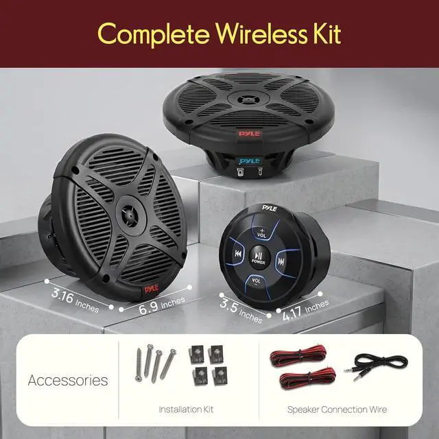 Alt view image 2 of 7 - 6.5'' Dual Marine Speakers Kit - Waterproof-Rated w/Amplified Bluetooth Remote Control Receiver for Powersport Vehicles, IP65 Marine Grade Rating, 600 Watt Max Power - Pyle PLMRKT8