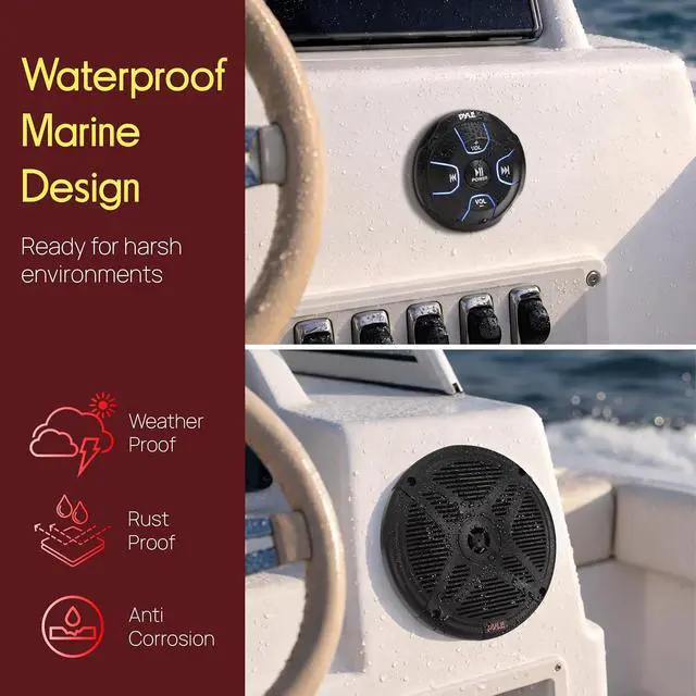 Alt view image 4 of 7 - 6.5'' Dual Marine Speakers Kit - Waterproof-Rated w/Amplified Bluetooth Remote Control Receiver for Powersport Vehicles, IP65 Marine Grade Rating, 600 Watt Max Power - Pyle PLMRKT8