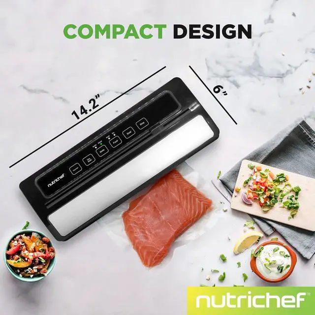 Alt view image 2 of 7 - NutriChef Food Vacuum Sealer Machine, Stainless Steel & ABS Body, Automatic Sealing System for Dry and Moist Foods, LED Touch Controls, Includes Bags, Hose & Roll Cutter, 110W Suction Power, 14"x6"