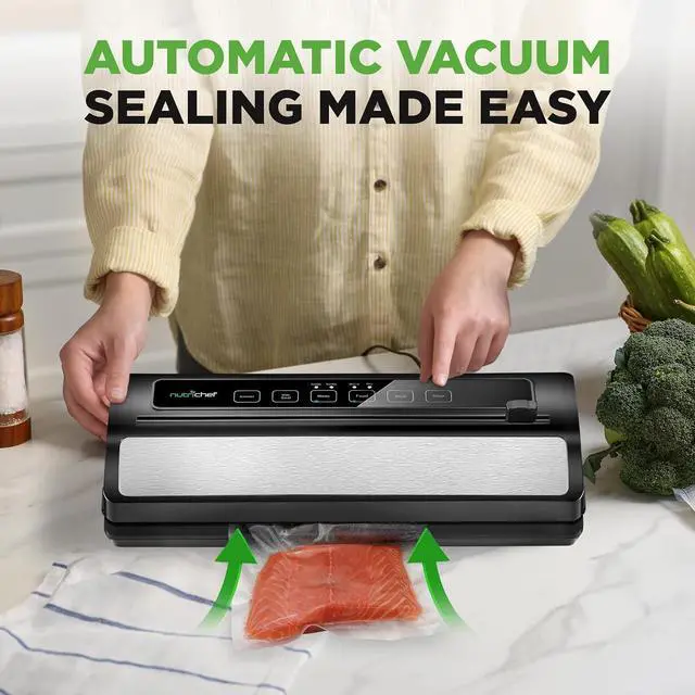 Alt view image 3 of 7 - NutriChef Food Vacuum Sealer Machine, Stainless Steel & ABS Body, Automatic Sealing System for Dry and Moist Foods, LED Touch Controls, Includes Bags, Hose & Roll Cutter, 110W Suction Power, 14"x6"