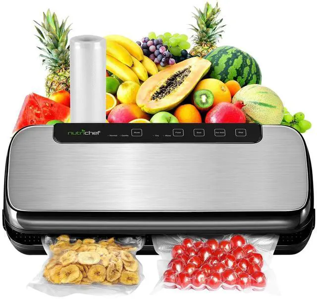 Main image of NutriChef Food Vacuum Sealer Machine, Stainless Steel Automatic Air Sealing System for Dry/Moist Foods, LED Touch Controls, Includes Vacuum Hose, Bag Roll and Wine Stopper, 110W Suction Power, 14"x6"