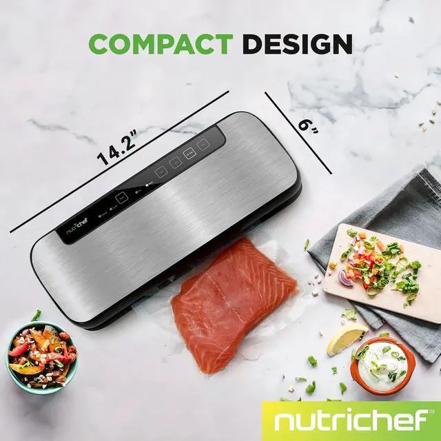 Alt view image 2 of 7 - NutriChef Food Vacuum Sealer Machine, Stainless Steel Automatic Air Sealing System for Dry/Moist Foods, LED Touch Controls, Includes Vacuum Hose, Bag Roll and Wine Stopper, 110W Suction Power, 14"x6"