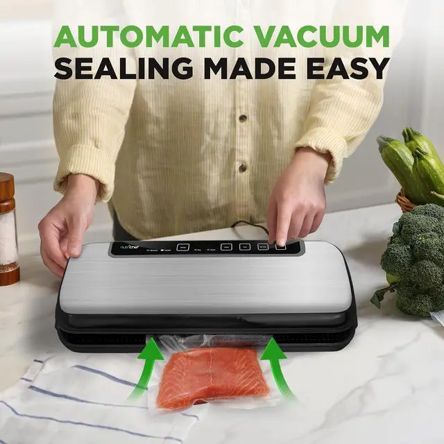 Alt view image 3 of 7 - NutriChef Food Vacuum Sealer Machine, Stainless Steel Automatic Air Sealing System for Dry/Moist Foods, LED Touch Controls, Includes Vacuum Hose, Bag Roll and Wine Stopper, 110W Suction Power, 14"x6"