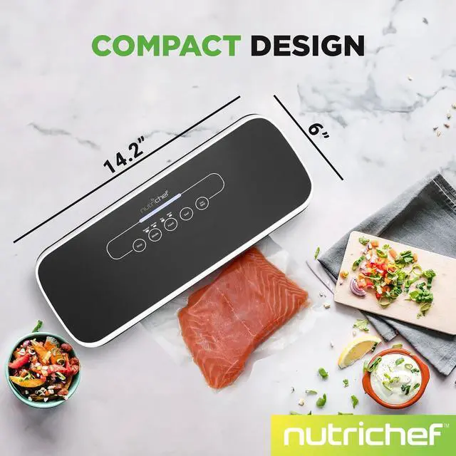 Alt view image 2 of 7 - NutriChef Vacuum Sealer Machine for Food Automatic Food Sealer with Dry & Moist Modes, LED Controls, Starter Kit with Bags, Roll, Hose & Wine Stopper, Compact (Black)