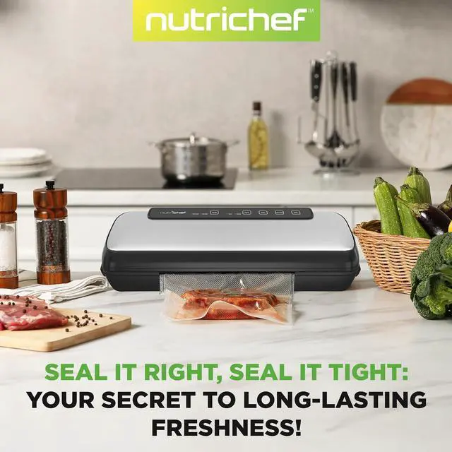 Alt view image 6 of 7 - NutriChef Food Vacuum Sealer Machine, Stainless Steel Automatic Air Sealing System for Dry/Moist Foods, LED Touch Controls, Includes Vacuum Hose, Bag Roll and Wine Stopper, 110W Suction Power, 14"x6"
