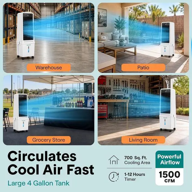Alt view image 2 of 7 - SereneLife Evaporative Air Cooler with 15 L Detachable Water Tank, Air Cooler with 1500 CFM Cooling Power, Indoor Outdoor Oscillating System with Wheels, Remote & Ice Packs, (Black & White)