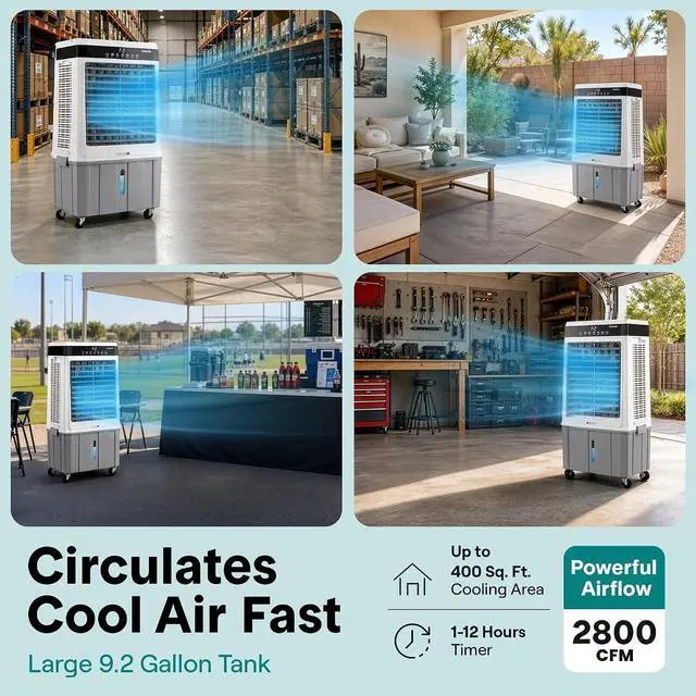 Alt view image 2 of 7 - SereneLife Portable Air Cooler with 2800 CFM Power High-Performance Evaporative Air Cooler for Indoor and Outdoor Spaces, 35 L Tank, 60° Oscillation, 12-Hour Timer, Remote Control Cooling System