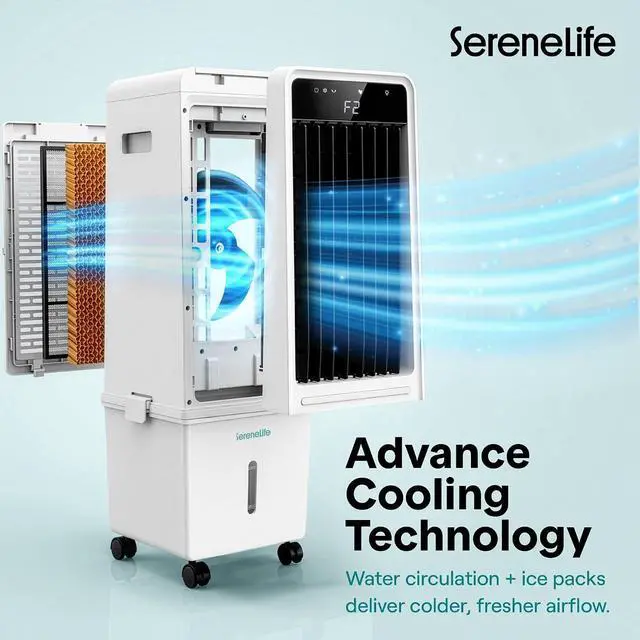Alt view image 5 of 7 - SereneLife Evaporative Air Cooler with 15 L Detachable Water Tank, Air Cooler with 1500 CFM Cooling Power, Indoor Outdoor Oscillating System with Wheels, Remote & Ice Packs, (Black & White)