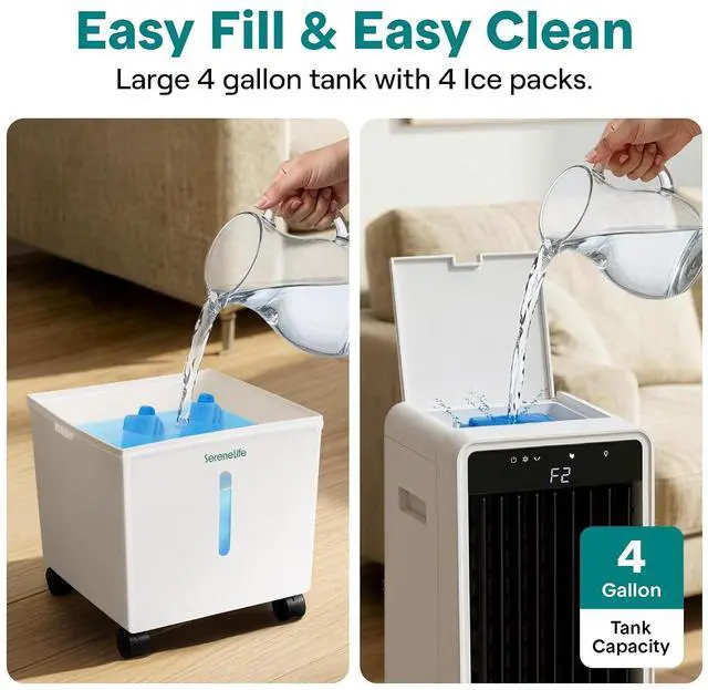Alt view image 6 of 7 - SereneLife Evaporative Air Cooler with 15 L Detachable Water Tank, Air Cooler with 1500 CFM Cooling Power, Indoor Outdoor Oscillating System with Wheels, Remote & Ice Packs, (Black & White)