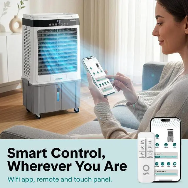 Alt view image 4 of 7 - SereneLife Portable Air Cooler with 2800 CFM Power High-Performance Evaporative Air Cooler for Indoor and Outdoor Spaces, 35 L Tank, 60° Oscillation, 12-Hour Timer, Remote Control Cooling System