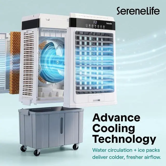 Alt view image 5 of 7 - SereneLife Portable Air Cooler with 2800 CFM Power High-Performance Evaporative Air Cooler for Indoor and Outdoor Spaces, 35 L Tank, 60° Oscillation, 12-Hour Timer, Remote Control Cooling System