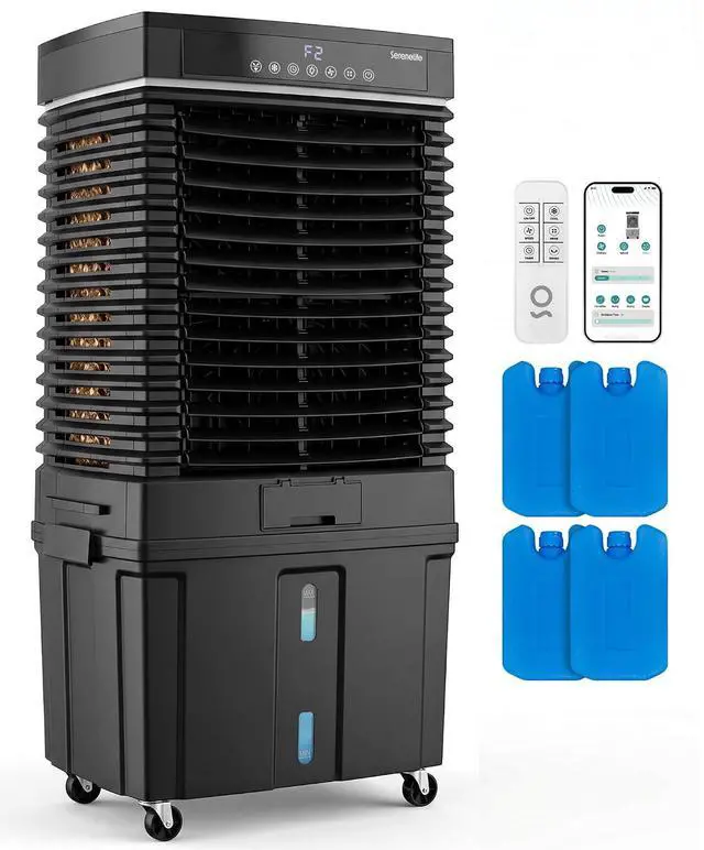 Main image of SereneLife Portable Air Cooler with 3200 CFM Power - High-Performance Evaporative Swamp Cooler for Indoor & Outdoor Spaces, 50 L Tank, 60° Oscillation, 12-Hour Timer, Wi-Fi & Remote Control (Black)
