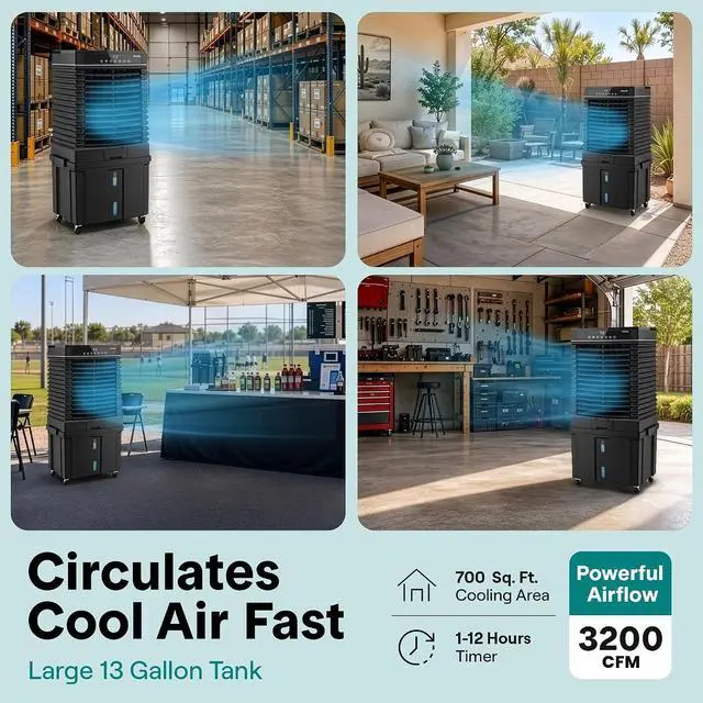 Alt view image 2 of 7 - SereneLife Portable Air Cooler with 3200 CFM Power - High-Performance Evaporative Swamp Cooler for Indoor & Outdoor Spaces, 50 L Tank, 60° Oscillation, 12-Hour Timer, Wi-Fi & Remote Control (Black)