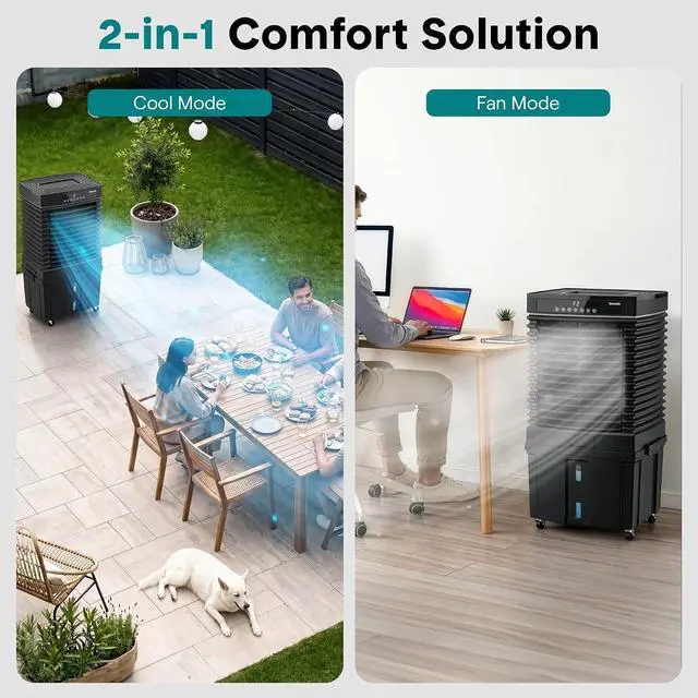 Alt view image 3 of 7 - SereneLife Portable Air Cooler with 3200 CFM Power - High-Performance Evaporative Swamp Cooler for Indoor & Outdoor Spaces, 50 L Tank, 60° Oscillation, 12-Hour Timer, Wi-Fi & Remote Control (Black)