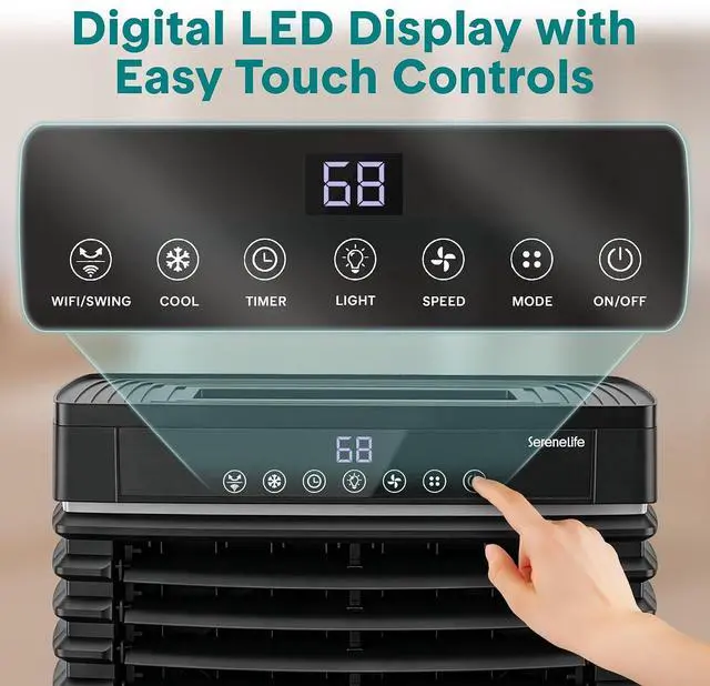 Alt view image 7 of 7 - SereneLife Portable Air Cooler with 3200 CFM Power - High-Performance Evaporative Swamp Cooler for Indoor & Outdoor Spaces, 50 L Tank, 60° Oscillation, 12-Hour Timer, Wi-Fi & Remote Control (Black)