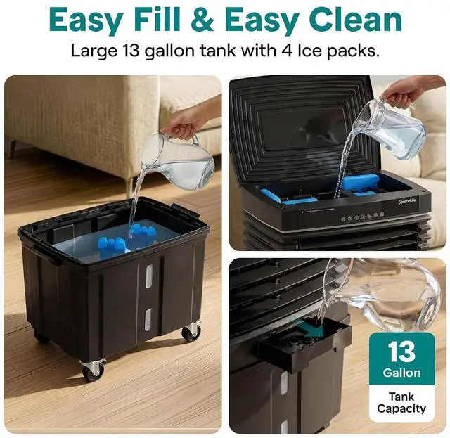 Alt view image 6 of 7 - SereneLife Portable Air Cooler with 3200 CFM Power - High-Performance Evaporative Swamp Cooler for Indoor & Outdoor Spaces, 50 L Tank, 60° Oscillation, 12-Hour Timer, Wi-Fi & Remote Control (Black)