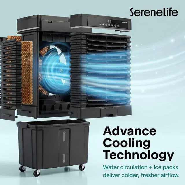 Alt view image 5 of 7 - SereneLife Portable Air Cooler with 3200 CFM Power - High-Performance Evaporative Swamp Cooler for Indoor & Outdoor Spaces, 50 L Tank, 60° Oscillation, 12-Hour Timer, Wi-Fi & Remote Control (Black)