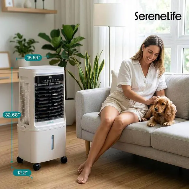 Alt view image 2 of 7 - SereneLife Tower Fan, Smart Stand Up Bladeless Tower Fan with WiFi and Remote Control, 1700 CFM High Velocity Output, 25 Liter Detachable Water Tank, Boosted AC Flow with 4 Ice Packs Included