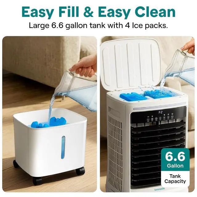Alt view image 3 of 7 - SereneLife Tower Fan, Smart Stand Up Bladeless Tower Fan with WiFi and Remote Control, 1700 CFM High Velocity Output, 25 Liter Detachable Water Tank, Boosted AC Flow with 4 Ice Packs Included