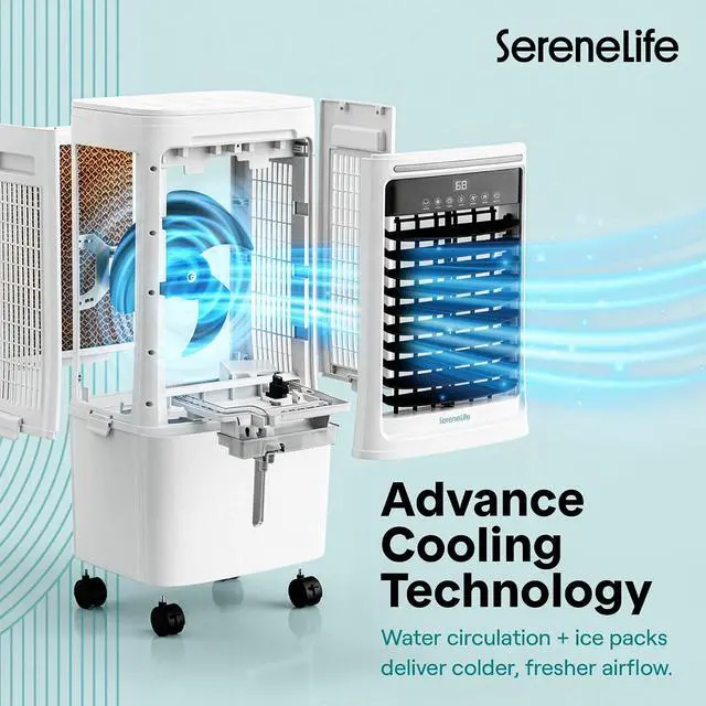 Alt view image 5 of 7 - SereneLife Tower Fan, Smart Stand Up Bladeless Tower Fan with WiFi and Remote Control, 1700 CFM High Velocity Output, 25 Liter Detachable Water Tank, Boosted AC Flow with 4 Ice Packs Included