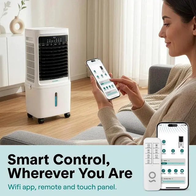 Alt view image 6 of 7 - SereneLife Tower Fan, Smart Stand Up Bladeless Tower Fan with WiFi and Remote Control, 1700 CFM High Velocity Output, 25 Liter Detachable Water Tank, Boosted AC Flow with 4 Ice Packs Included