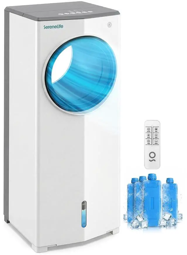 Main image of SereneLife Portable Evaporative Air Cooler with 4L Detachable Water Tank, 1800 CFM Evaporative Cooler with Remote & Ice Packs, Indoor Outdoor Air Cooler Portable for Room Use, (White & Gray)