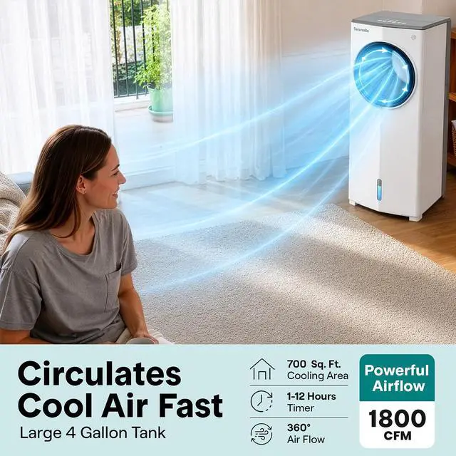 Alt view image 2 of 7 - SereneLife Portable Evaporative Air Cooler with 4L Detachable Water Tank, 1800 CFM Evaporative Cooler with Remote & Ice Packs, Indoor Outdoor Air Cooler Portable for Room Use, (White & Gray)