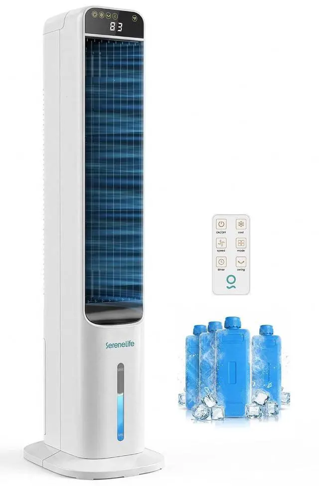 Main image of SereneLife Evaporative Air Cooler Tower Fan with Remote, 5L Water Tank, 4 Ice Boxes, 3 Speeds, 60° Oscillation, Quiet Portable Swamp Cooler, Cooling Fan for Bedroom, Home, Office, Dorm
