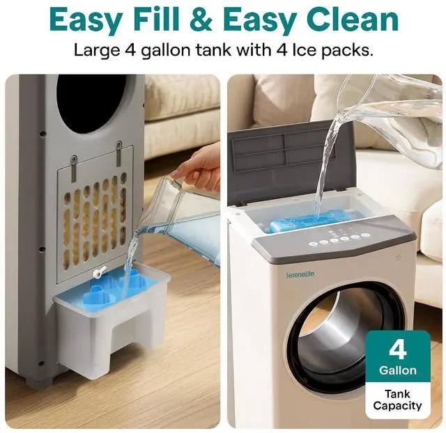 Alt view image 6 of 7 - SereneLife Portable Evaporative Air Cooler with 4L Detachable Water Tank, 1800 CFM Evaporative Cooler with Remote & Ice Packs, Indoor Outdoor Air Cooler Portable for Room Use, (White & Gray)