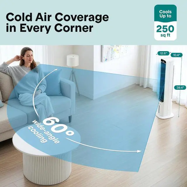 Alt view image 2 of 7 - SereneLife Evaporative Air Cooler Tower Fan with Remote, 5L Water Tank, 4 Ice Boxes, 3 Speeds, 60° Oscillation, Quiet Portable Swamp Cooler, Cooling Fan for Bedroom, Home, Office, Dorm