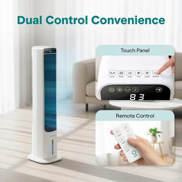 Alt view image 4 of 7 - SereneLife Evaporative Air Cooler Tower Fan with Remote, 5L Water Tank, 4 Ice Boxes, 3 Speeds, 60° Oscillation, Quiet Portable Swamp Cooler, Cooling Fan for Bedroom, Home, Office, Dorm