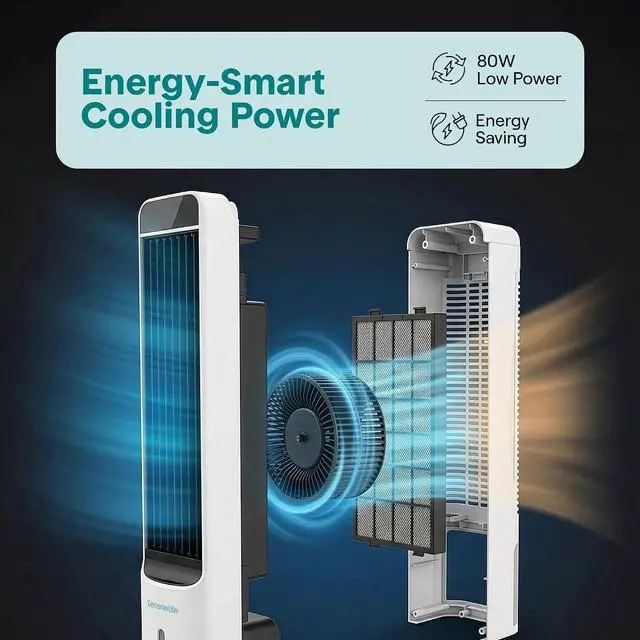 Alt view image 3 of 7 - SereneLife Evaporative Air Cooler Tower Fan with Remote, 5L Water Tank, 4 Ice Boxes, 3 Speeds, 60° Oscillation, Quiet Portable Swamp Cooler, Cooling Fan for Bedroom, Home, Office, Dorm