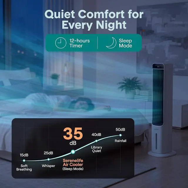 Alt view image 5 of 7 - SereneLife Evaporative Air Cooler Tower Fan with Remote, 5L Water Tank, 4 Ice Boxes, 3 Speeds, 60° Oscillation, Quiet Portable Swamp Cooler, Cooling Fan for Bedroom, Home, Office, Dorm