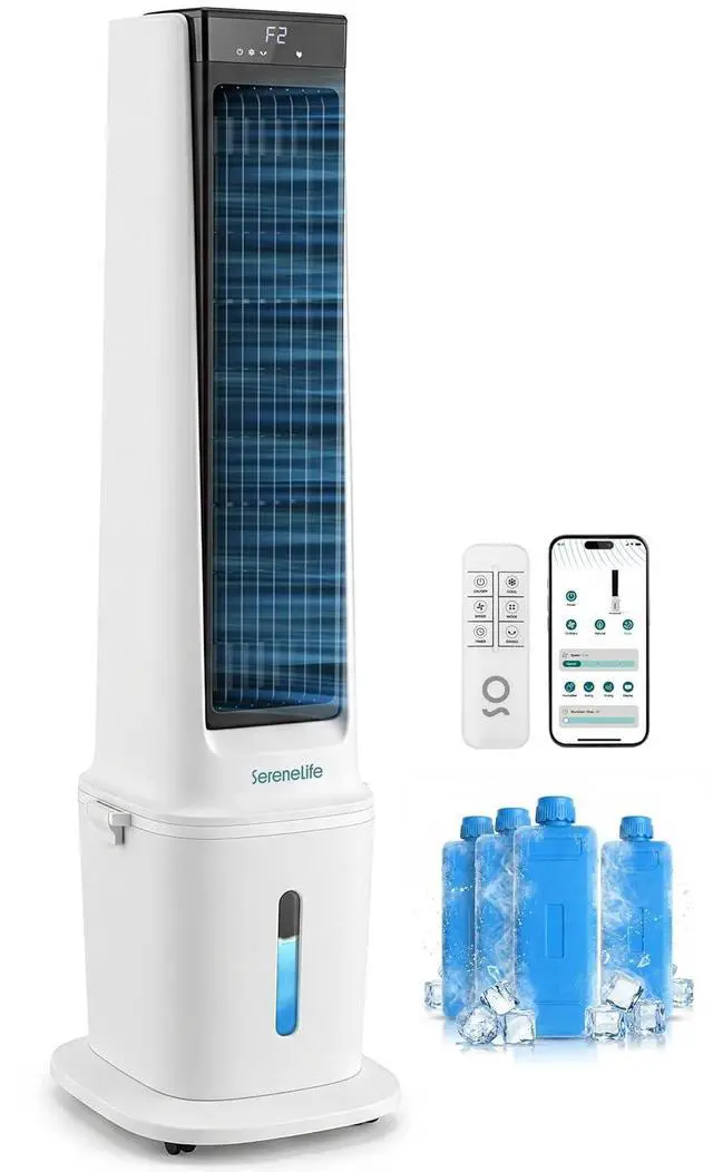 Main image of SereneLife Evaporative Air Cooler with 17L Detachable Water Tank, Air Cooler with 1800 CFM Cooling Power, Indoor Outdoor Oscillating System with Wheels, Remote & Ice Packs, (Black & White)