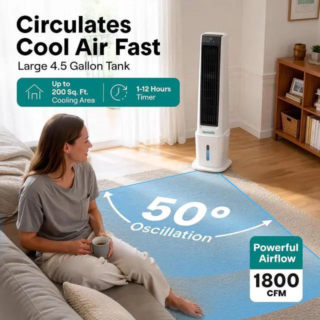 Alt view image 2 of 7 - SereneLife Evaporative Air Cooler with 17L Detachable Water Tank, Air Cooler with 1800 CFM Cooling Power, Indoor Outdoor Oscillating System with Wheels, Remote & Ice Packs, (Black & White)