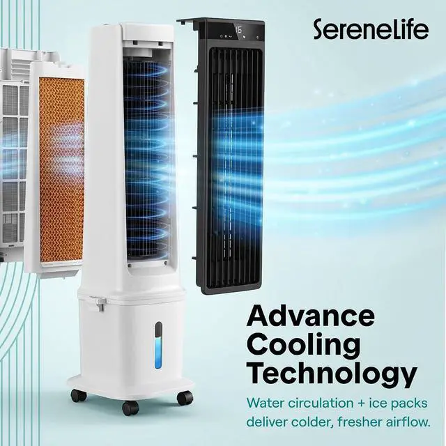 Alt view image 4 of 7 - SereneLife Evaporative Air Cooler with 17L Detachable Water Tank, Air Cooler with 1800 CFM Cooling Power, Indoor Outdoor Oscillating System with Wheels, Remote & Ice Packs, (Black & White)