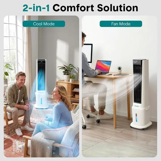 Alt view image 7 of 7 - SereneLife Evaporative Air Cooler with 17L Detachable Water Tank, Air Cooler with 1800 CFM Cooling Power, Indoor Outdoor Oscillating System with Wheels, Remote & Ice Packs, (Black & White)