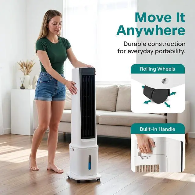 Alt view image 5 of 7 - SereneLife Evaporative Air Cooler with 17L Detachable Water Tank, Air Cooler with 1800 CFM Cooling Power, Indoor Outdoor Oscillating System with Wheels, Remote & Ice Packs, (Black & White)